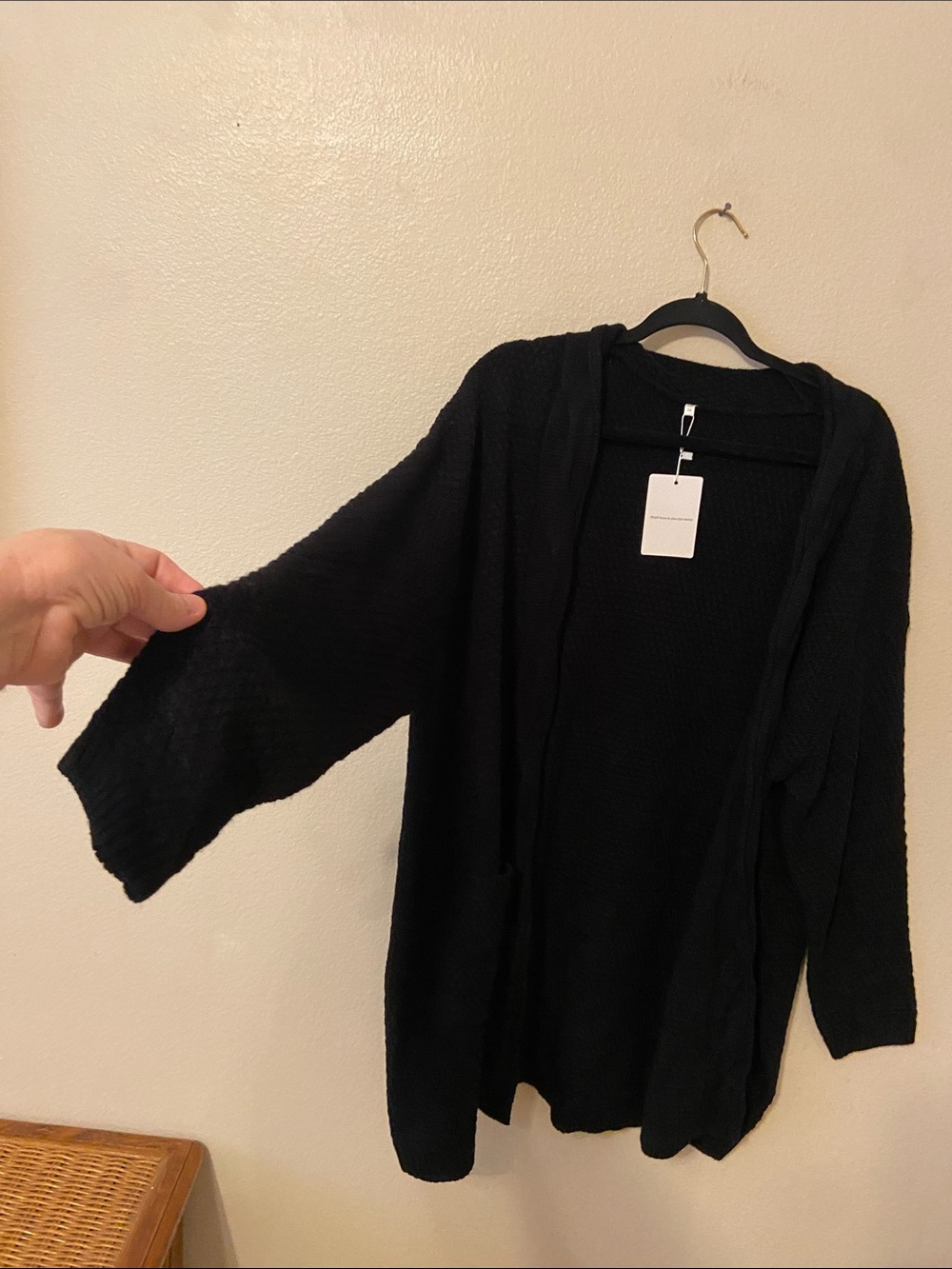 SHIAILLI Open Front Waffle Knit Black cardigan with Pockets